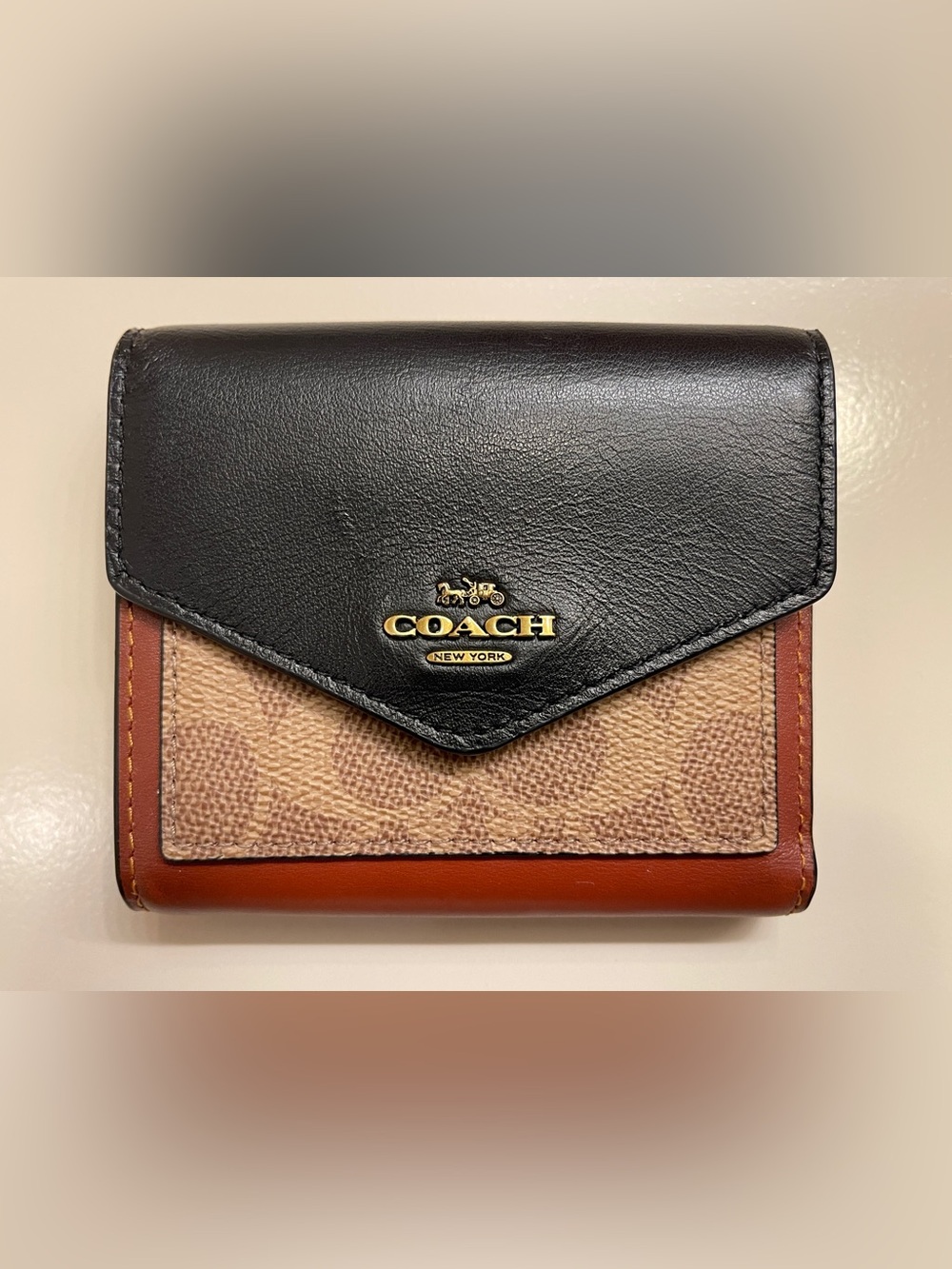 Coach Small Trifold Wallet in Black, Tan and Brown - Picture 1 of 13